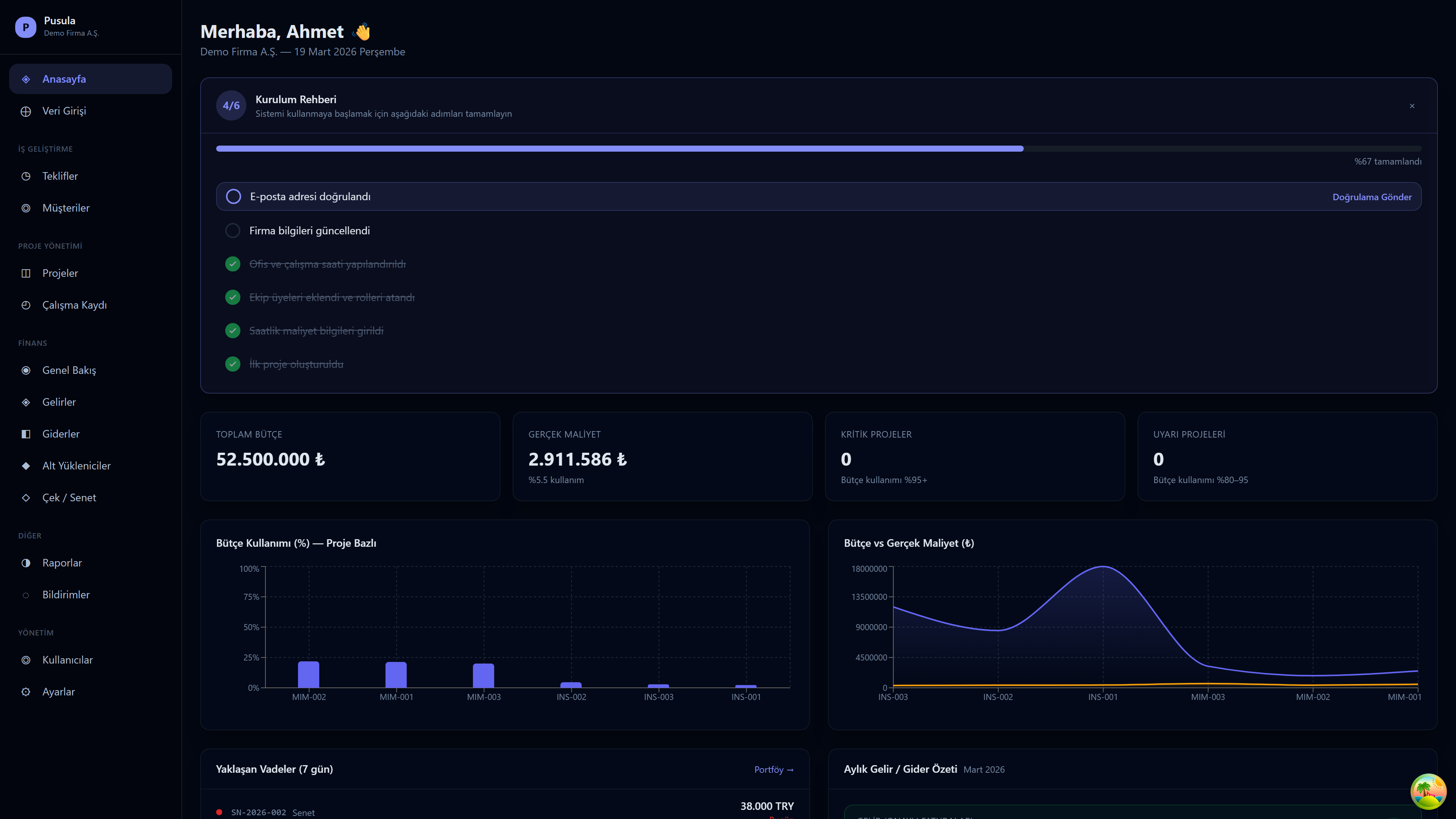 Pusula ERP Dashboard — Proje yönetimi ana paneli